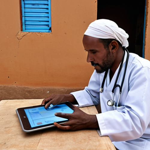 Home 24 **Image Prompt:** A doctor in Djibouti using a tablet for a telemedicine consultation with a patient in a remote village. The background shows a basic, rural clinic setting contrasted with modern digital technology. Emphasis on the connection despite geographical barriers, showcasing the impact of telemedicine. Include traditional Djibouti clothing/textiles to root the scene in its location.