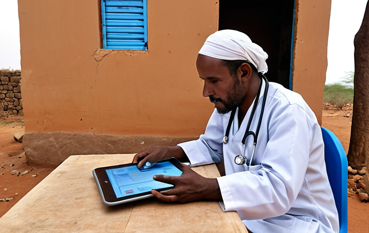 **Image Prompt:** A doctor in Djibouti using a tablet for a telemedicine consultation with a patient in a remote village. The background shows a basic, rural clinic setting contrasted with modern digital technology. Emphasis on the connection despite geographical barriers, showcasing the impact of telemedicine. Include traditional Djibouti clothing/textiles to root the scene in its location.