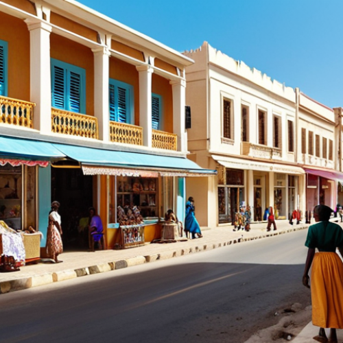 Home 23 **Prompt:** A bustling street scene in Djibouti-City, colonial-era French architecture with wide avenues and buildings with balconies alongside modern African life, people in traditional and modern clothing, French baguettes visible in a shop window, vibrant colors, sunny day.