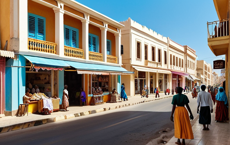 **Prompt:** A bustling street scene in Djibouti-City, colonial-era French architecture with wide avenues and buildings with balconies alongside modern African life, people in traditional and modern clothing, French baguettes visible in a shop window, vibrant colors, sunny day.