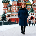 ** A professional businesswoman in Moscow, Russia, wearing a stylish, fully clothed business suit with a warm coat. She is walking confidently through Red Square in winter, with St. Basil's Cathedral in the background. Safe for work, appropriate content, perfect anatomy, natural pose, professional, high quality, well-formed hands, proper finger count, natural body proportions.

**