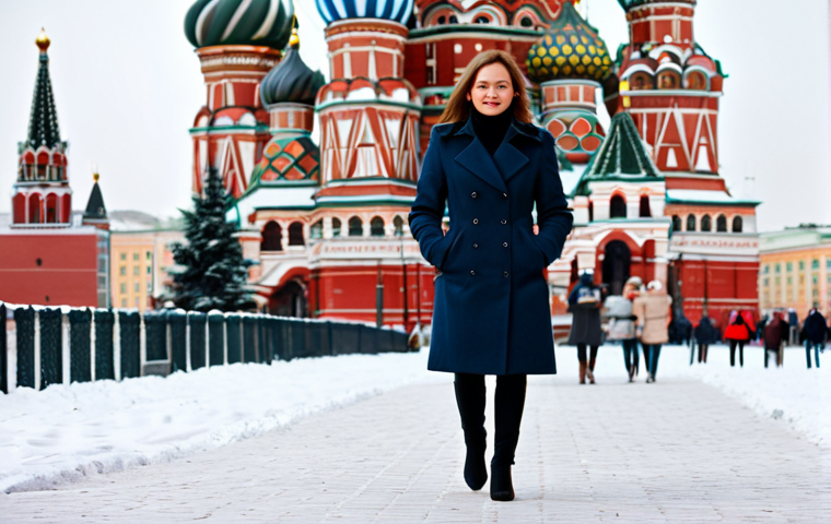 ** A professional businesswoman in Moscow, Russia, wearing a stylish, fully clothed business suit with a warm coat. She is walking confidently through Red Square in winter, with St. Basil's Cathedral in the background. Safe for work, appropriate content, perfect anatomy, natural pose, professional, high quality, well-formed hands, proper finger count, natural body proportions.

**