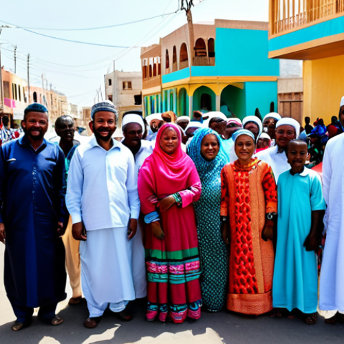 Home 13 **
A vibrant street scene in Djibouti during Eid al-Adha (Kurban Bayram), featuring families in colorful, modest clothing celebrating. Focus on the joy and community spirit. Include traditional Djiboutian architecture in the background. Fully clothed, appropriate attire, safe for work, perfect anatomy, natural proportions, family-friendly, professional photography, high quality.
**