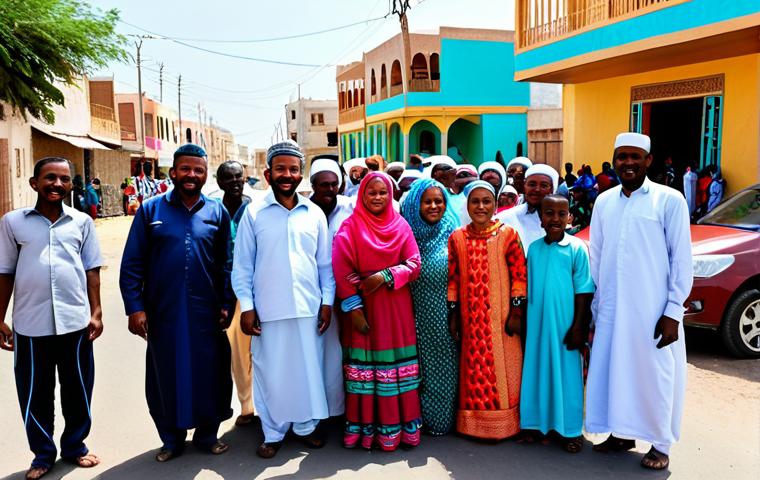 **

A vibrant street scene in Djibouti during Eid al-Adha (Kurban Bayram), featuring families in colorful, modest clothing celebrating. Focus on the joy and community spirit. Include traditional Djiboutian architecture in the background. Fully clothed, appropriate attire, safe for work, perfect anatomy, natural proportions, family-friendly, professional photography, high quality.

**