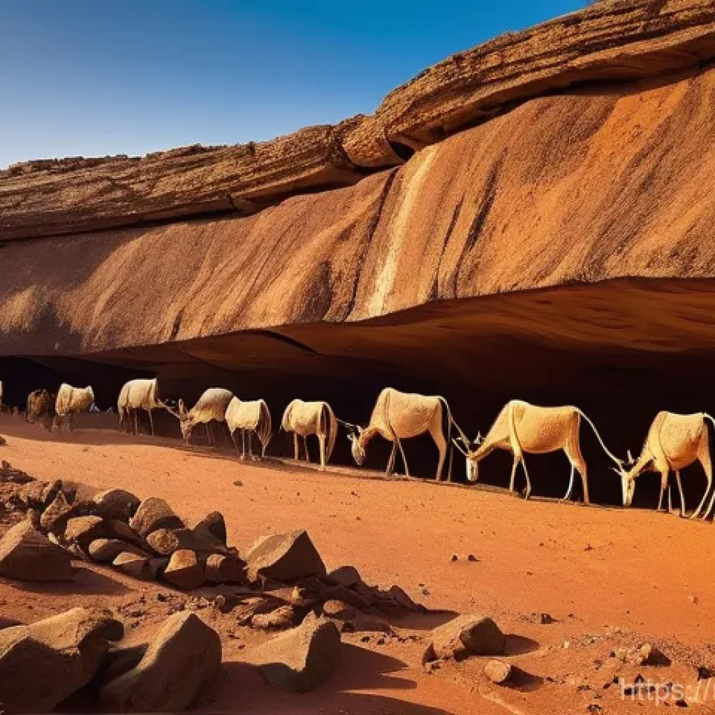 지부티 역사적인 유물과 박물관 - **Prompt: "A vibrant, panoramic view of ancient Abourma rock art in Djibouti, depicting nomadic trib...