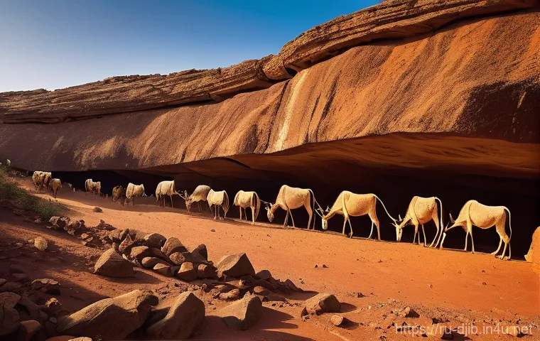 지부티 역사적인 유물과 박물관 - **Prompt: "A vibrant, panoramic view of ancient Abourma rock art in Djibouti, depicting nomadic trib...