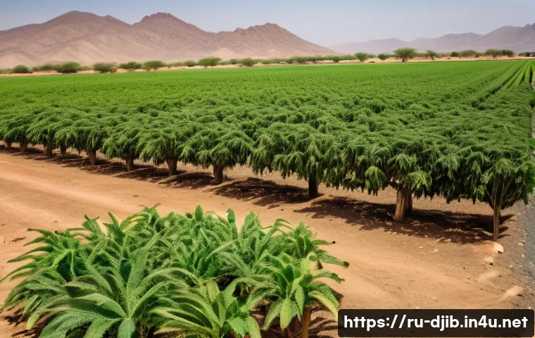 지부티의 주요 기후 구역 - A detailed scene of a small oasis farm in Djibouti’s arid landscape during extreme heat, showcasing ...