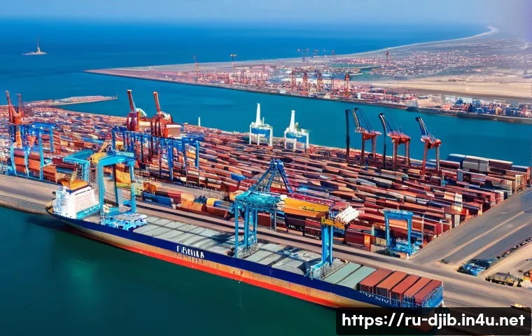 지부티와 에티오피아 경제 관계 - A detailed aerial view of the Port of Djibouti bustling with activity under a bright sunny sky. Mode...