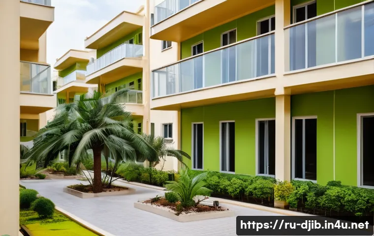 지부티의 현대 도시화 - A modern urban scene in Djibouti showcasing a newly constructed residential complex during daytime, ...