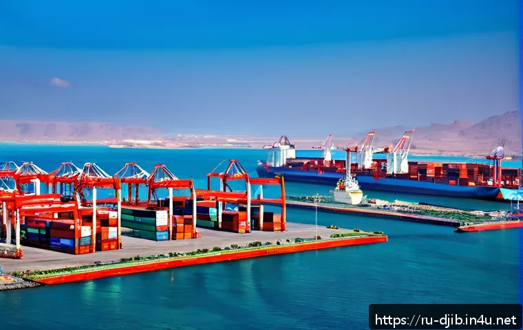지부티의 주요 정치적 사건 - A detailed scene depicting the port of Djibouti on the Red Sea during modern times, showcasing a bus...