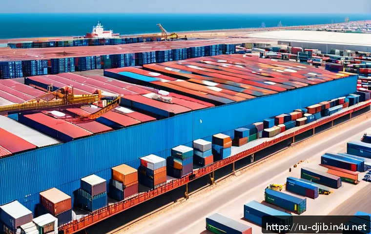지부티와 중국의 경제 협력 - A bustling modern port in Djibouti during daytime, featuring large container ships docking at newly ...