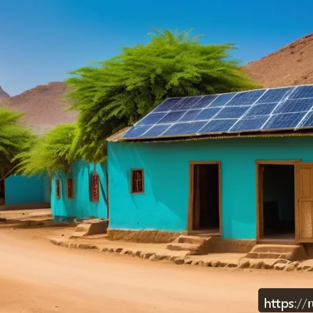 지부티 기후 변화 대응책 - A vibrant rural village scene in Djibouti showcasing a hybrid renewable energy