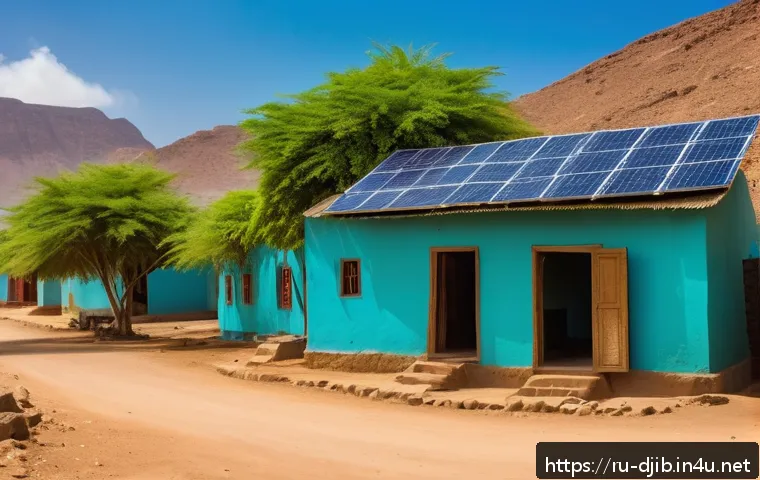 지부티 기후 변화 대응책 - A vibrant rural village scene in Djibouti showcasing a hybrid renewable energy