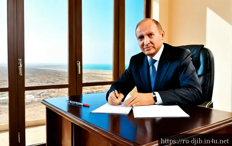 Home 17 지부티 대통령과 정부 구조 - Photorealistic editorial scene of a dignified Djiboutian president seated at a polished desk inside ...